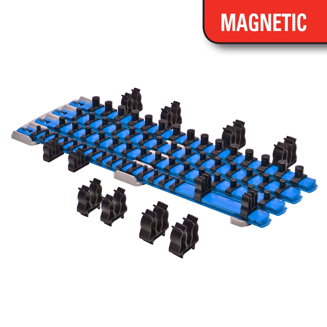ERNST 8409M  8"  1/2" Drive Magnetic Socket Rail Organizer w/12  Clips Blue